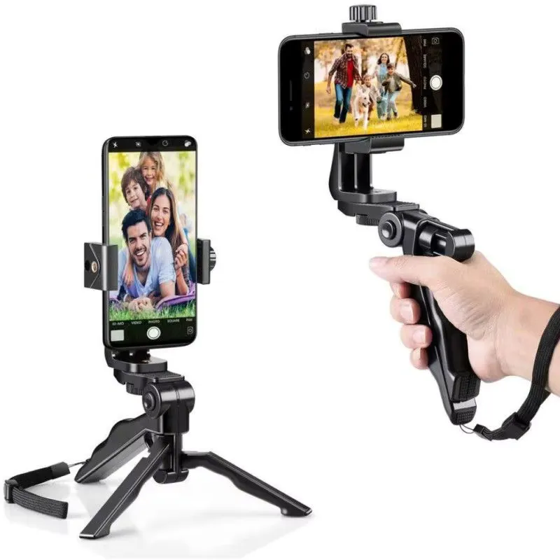 The phone stand holding a phone upright on its legs, and the same stand folded into a handheld grip.