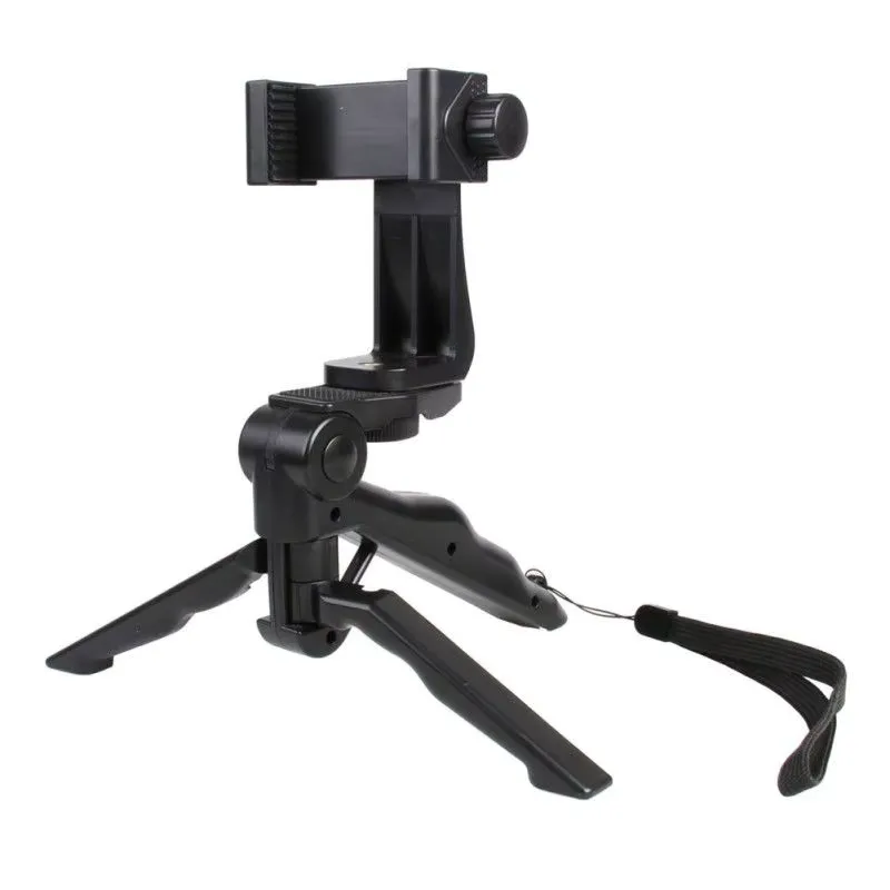 A black adjustable phone stand with a clamp, locking knobs, fold-out legs and a wrist strap.