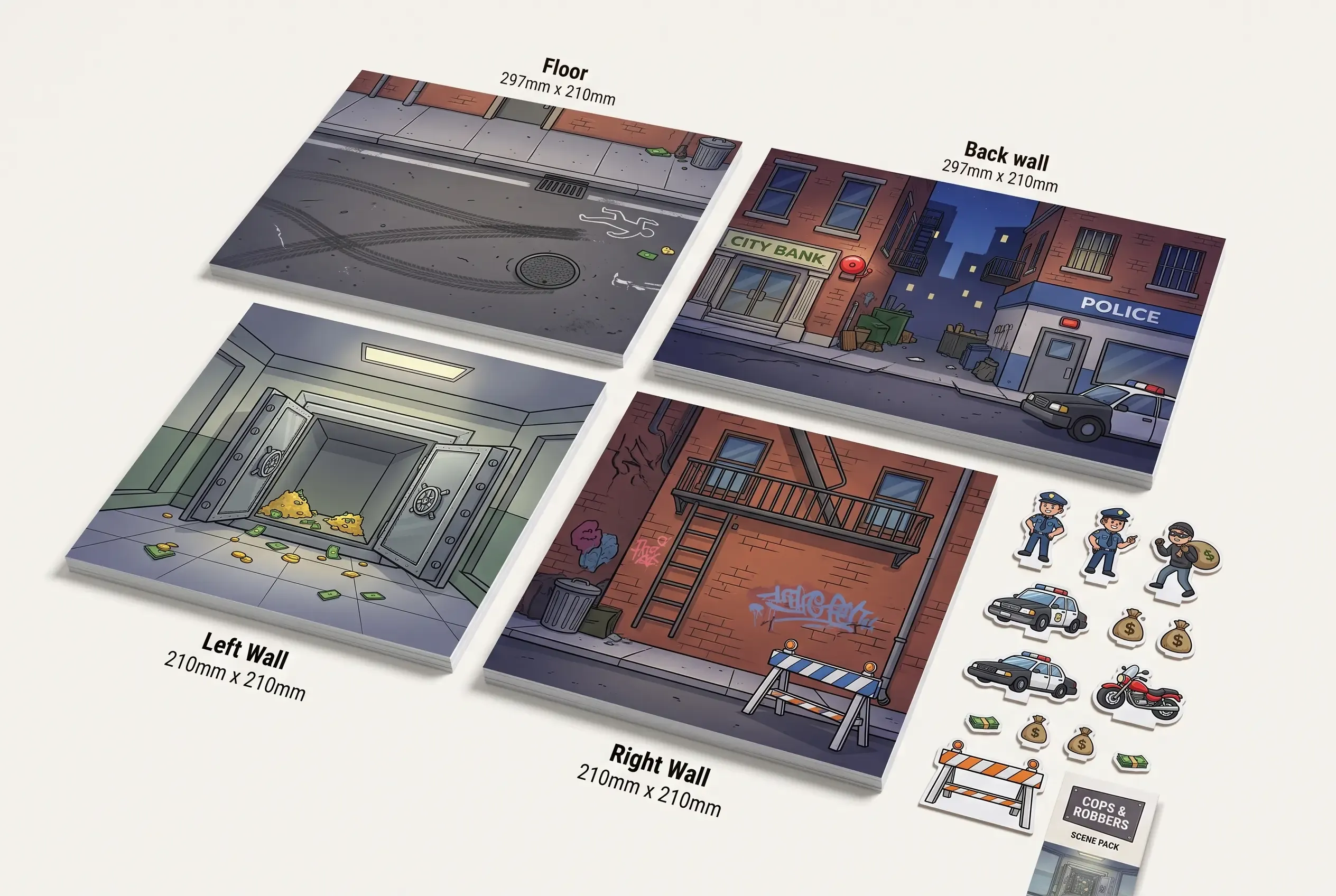 Printed paper pieces for a Cops and Robbers scene: a floor, a back wall, side walls, and paper characters.