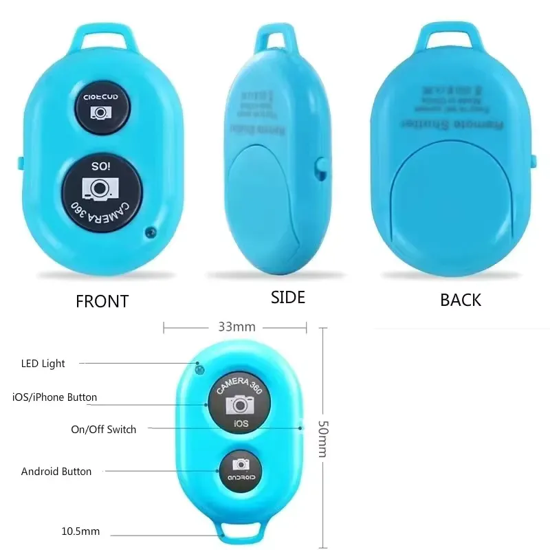A diagram of a blue shutter button, 33mm wide and 50mm tall, with separate buttons for iOS and Android.