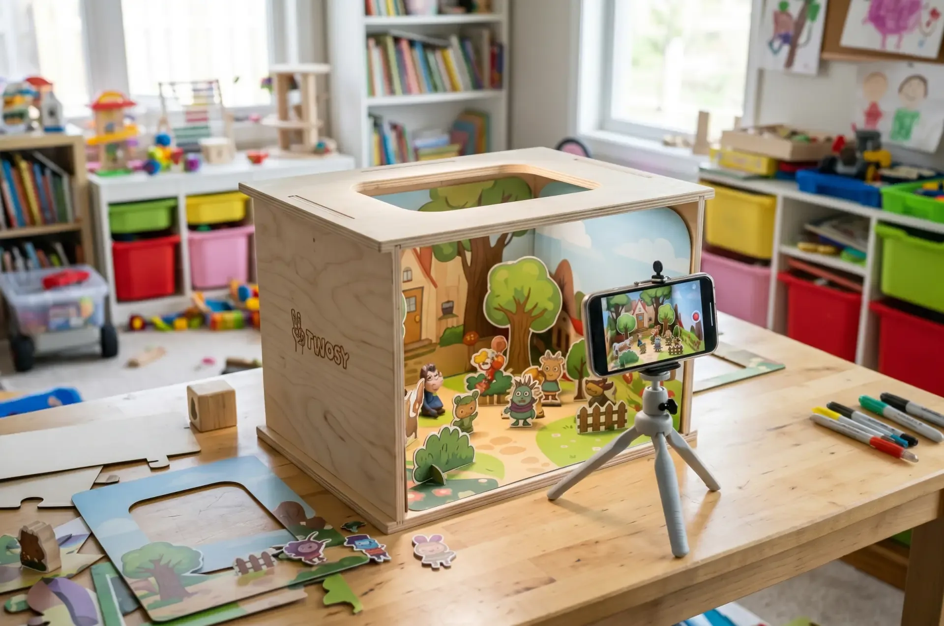 A phone on a small white tripod, filming a paper scene inside the wooden stage.