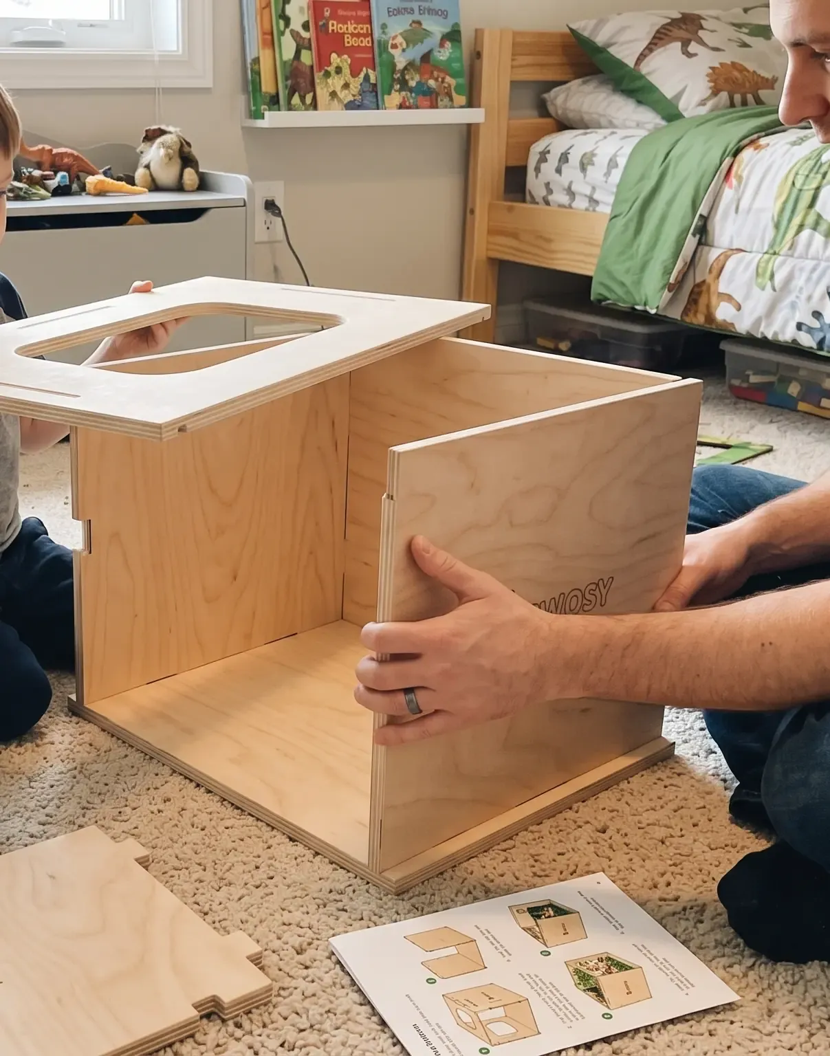 An adult and a child fitting plywood panels together to build the Twosy stage, with a printed guide on the floor.