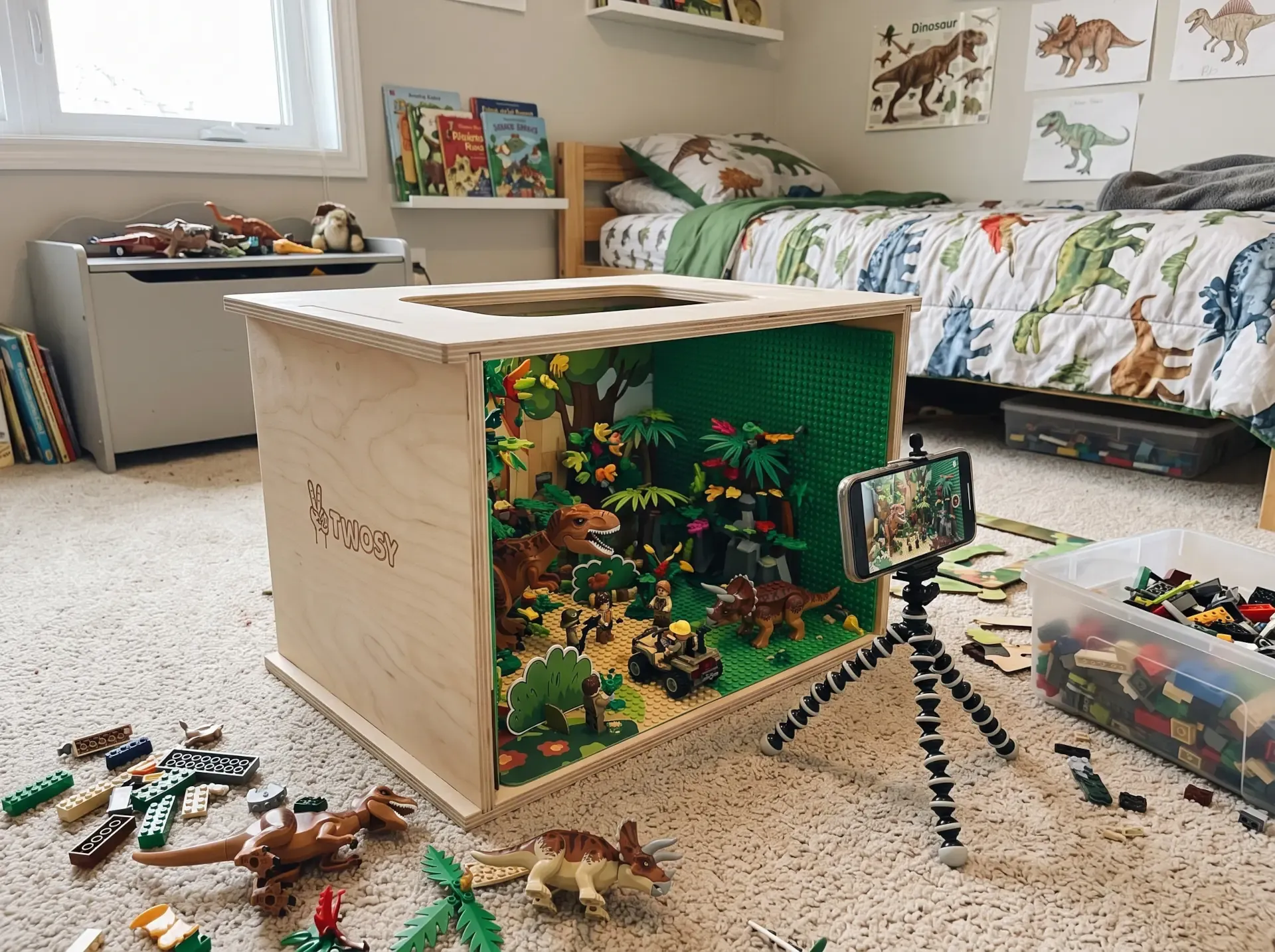A wooden Twosy stage on a bedroom floor, filled with a jungle of toy bricks and dinosaur figures, and a phone on a tripod filming the scene.